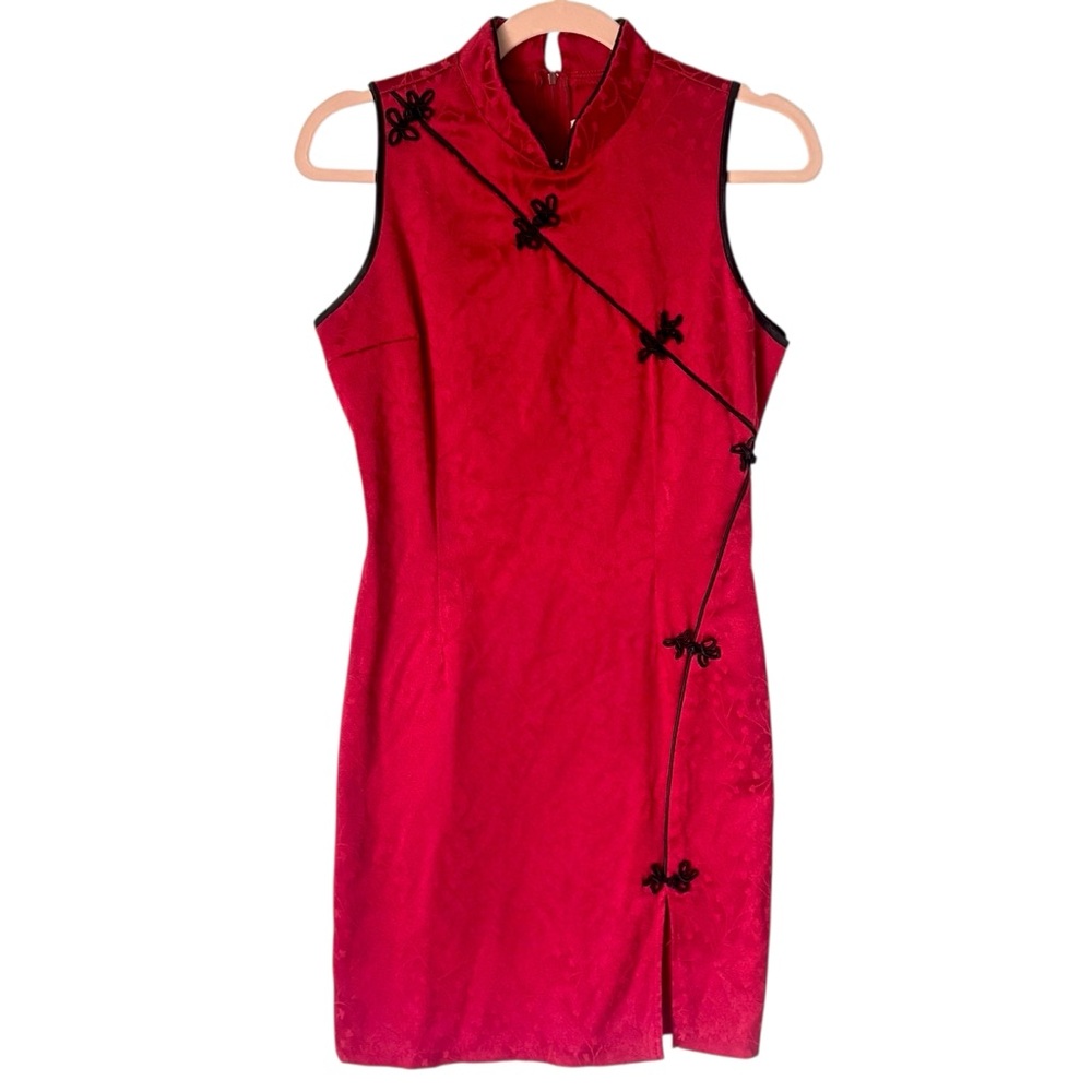 Vintage Red Qipao Mandarin Collar Mini Dress Frog Closures Sz Medium Made In USA - Picture 10 of 15